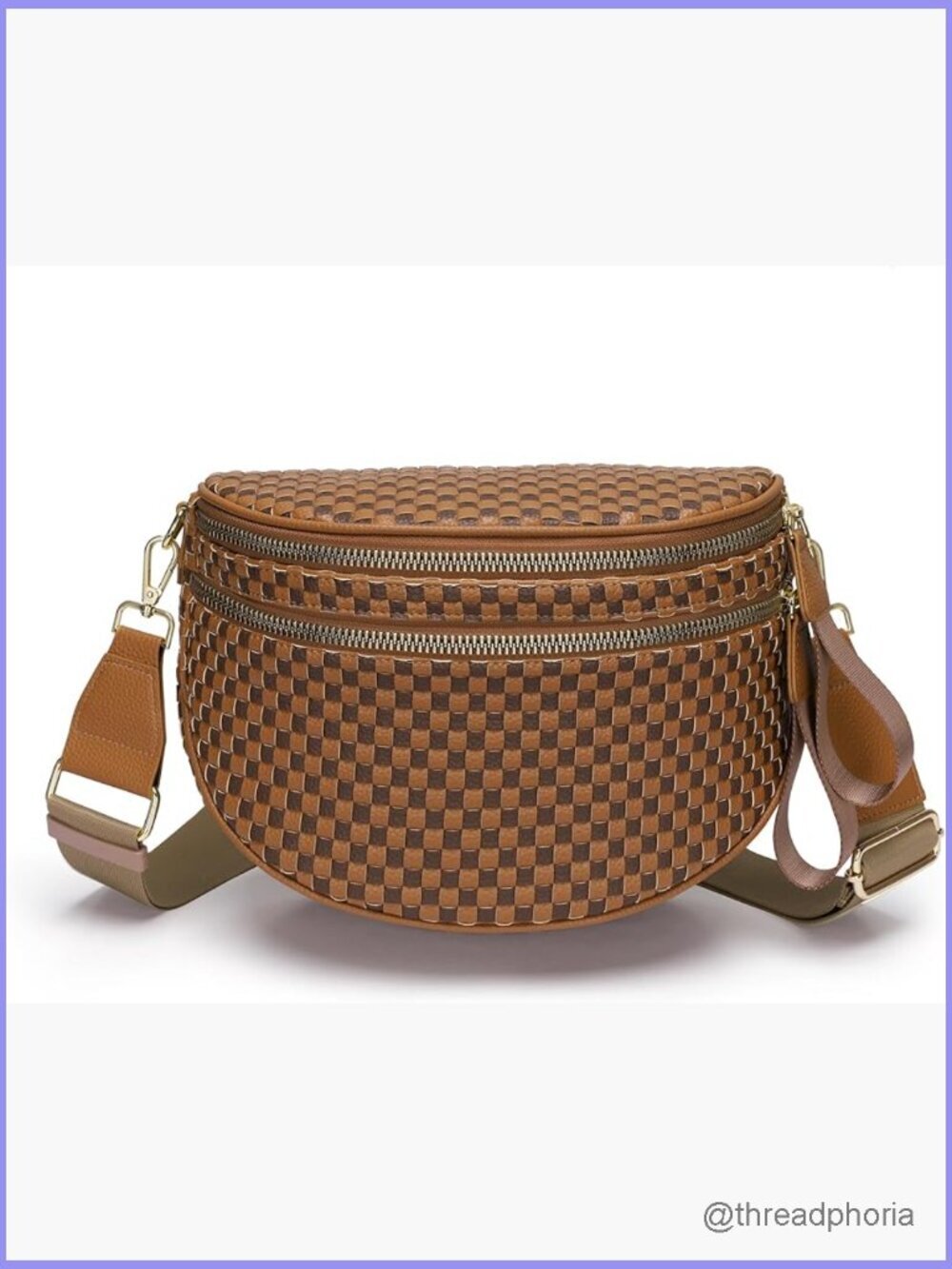 Woven Vegan Leather Crossbody Bum Bag Double Zip Sling Purse Adjustable Strap